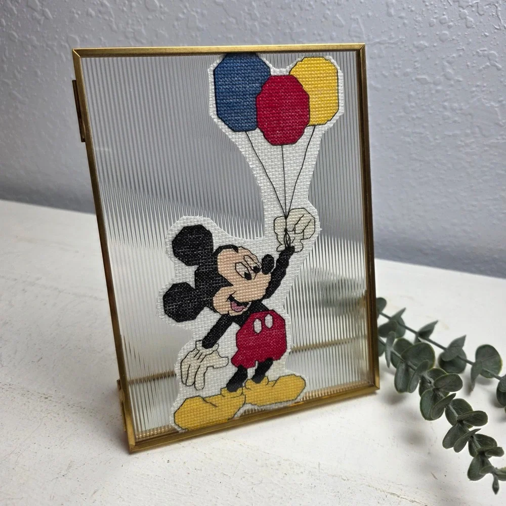 Vintage Mickey Mouse Cross Stitch Picture Gold Frame Holding Balloon Glass Decor